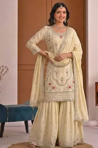 Beige silk blend embroidered sharara suit set with dupatta