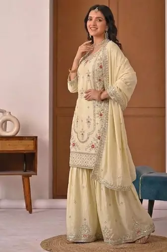 Beige silk blend embroidered sharara suit set with dupatta