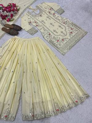 Beige silk blend embroidered sharara suit set with dupatta 4