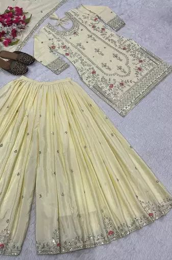 Beige silk blend embroidered sharara suit set with dupatta