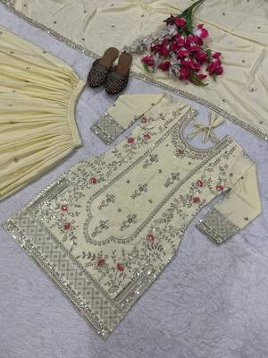 Beige silk blend embroidered sharara suit set with dupatta 5