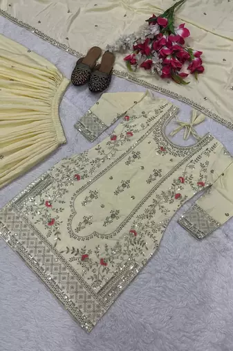 Beige silk blend embroidered sharara suit set with dupatta