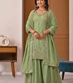 Pista silk blend embroidered sharara suit set with dupatta