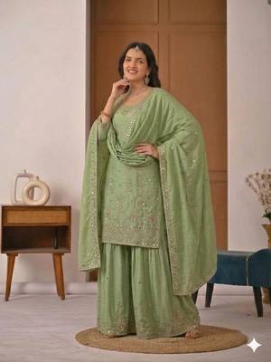 Pista silk blend embroidered sharara suit set with dupatta 3
