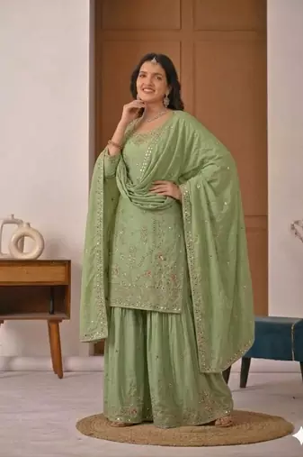 Pista silk blend embroidered sharara suit set with dupatta