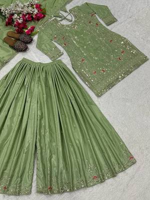 Pista silk blend embroidered sharara suit set with dupatta 4