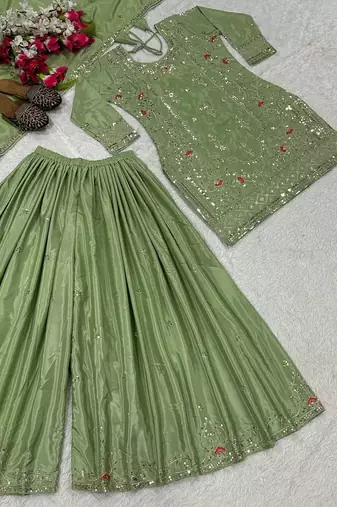 Pista silk blend embroidered sharara suit set with dupatta