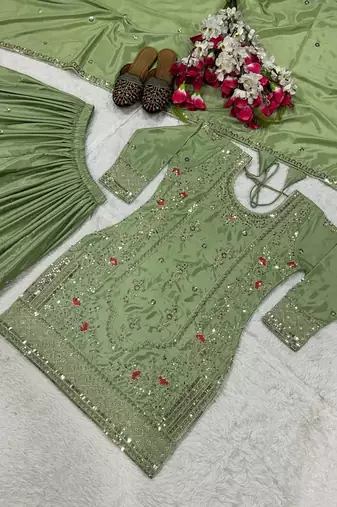 Pista silk blend embroidered sharara suit set with dupatta