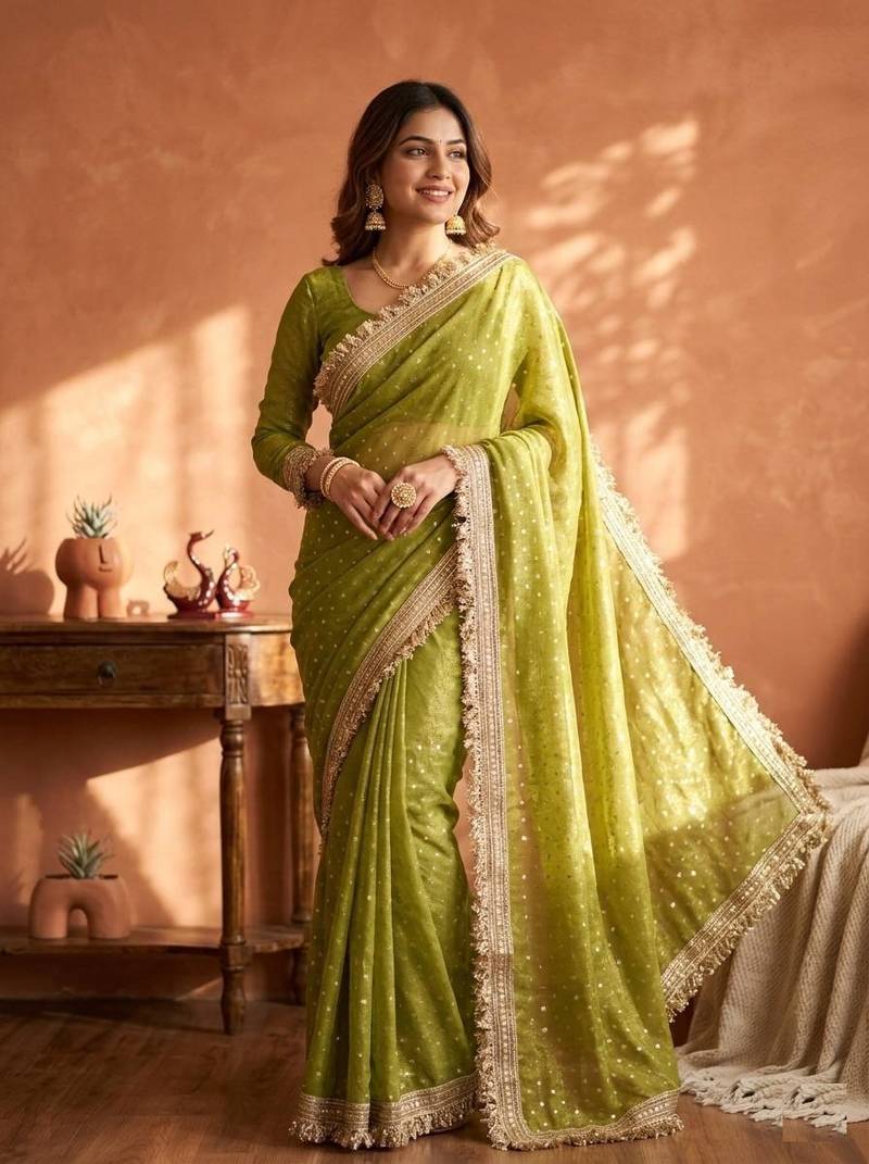 green fancy lace border with jaquard butti silk saree