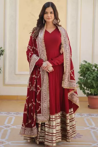 Maroon georgette readymade anarkali suit with embroidery & zari work
