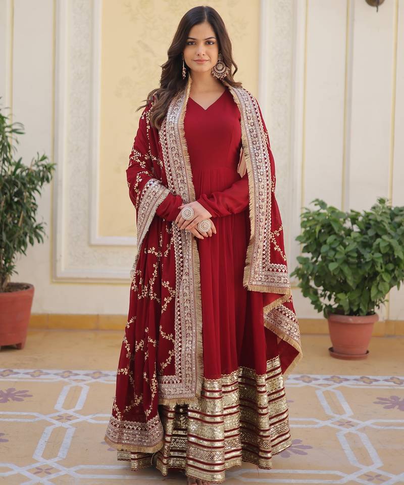 Maroon georgette readymade anarkali suit with embroidery & zari work