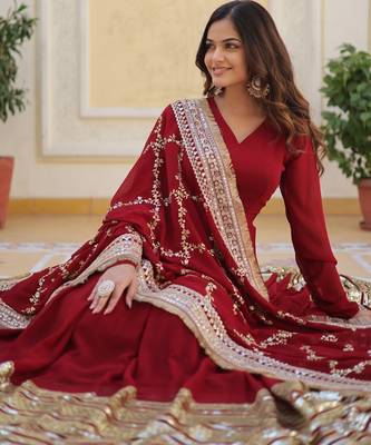 Maroon georgette readymade anarkali suit with embroidery & zari work 2