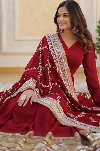 Maroon georgette readymade anarkali suit with embroidery & zari work