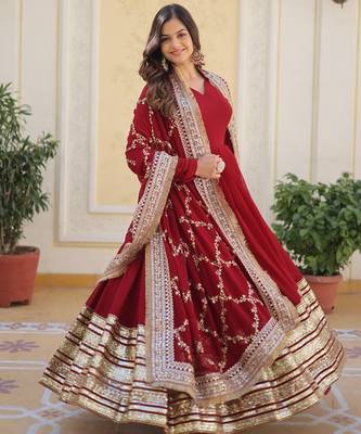 Maroon georgette readymade anarkali suit with embroidery & zari work 3