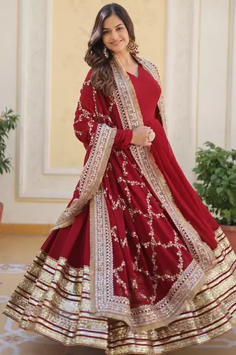 Maroon georgette readymade anarkali suit with embroidery & zari work