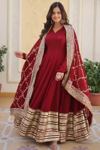 Maroon georgette readymade anarkali suit with embroidery & zari work