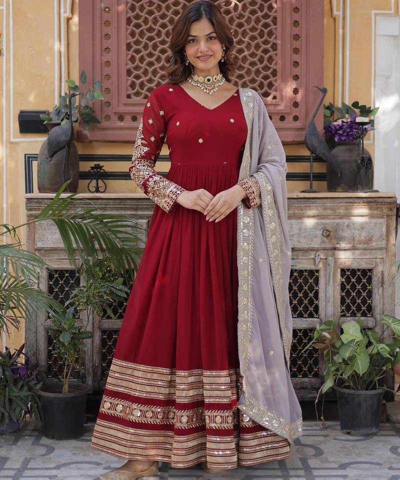 Maroon georgette readymade anarkali suit with embroidery & zari work