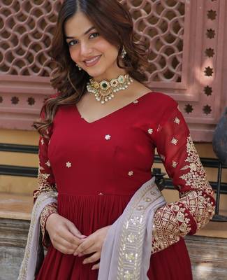 Maroon georgette readymade anarkali suit with embroidery & zari work 2