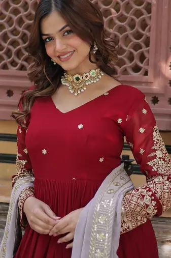 Maroon georgette readymade anarkali suit with embroidery & zari work