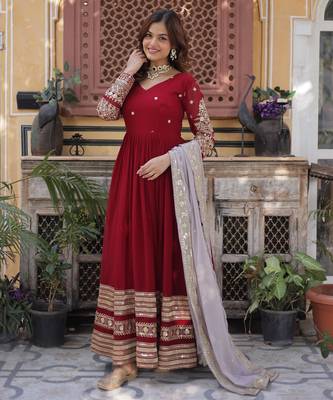 Maroon georgette readymade anarkali suit with embroidery & zari work 3