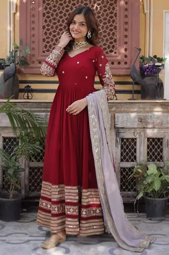 Maroon georgette readymade anarkali suit with embroidery & zari work