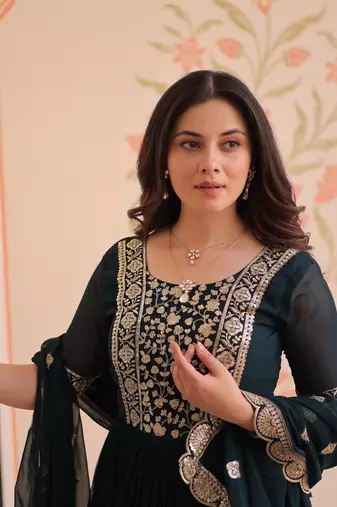 Navy georgette readymade anarkali suit with embroidery & zari work
