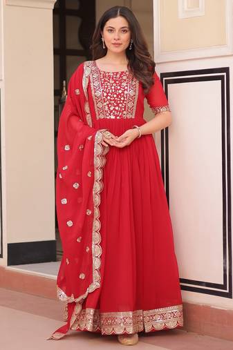 Red georgette readymade anarkali suit with embroidery & zari work