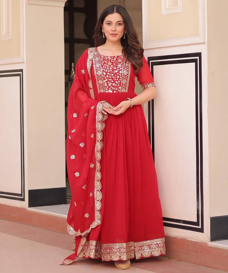 Red georgette readymade anarkali suit with embroidery & zari work