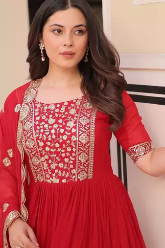 Red georgette readymade anarkali suit with embroidery & zari work