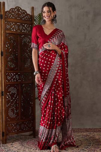 Red color Ready Pleated semi modal saree with unstitched designer blouse