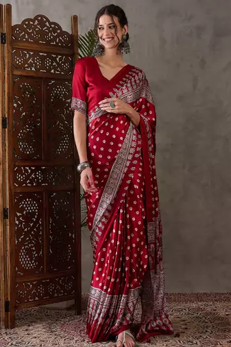 Red color ready to wear semi modal saree with unstitched designer blouse