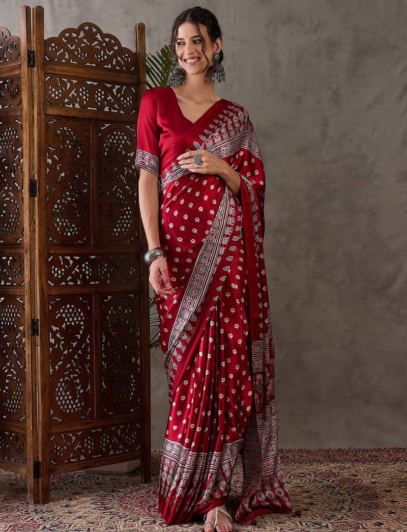 Red color ready to wear semi modal saree with unstitched designer blouse