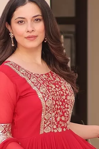Red georgette readymade anarkali suit with embroidery & zari work