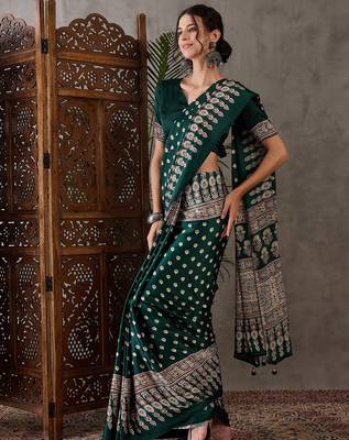 Green color Ready Pleated semi modal saree with unstitched designer blouse 1