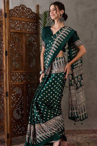 Green color ready to wear semi modal saree with unstitched designer blouse