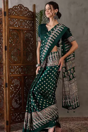 Green color ready to wear semi modal saree with unstitched designer blouse