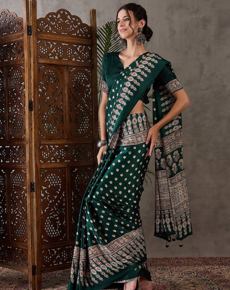 Green color ready to wear semi modal saree with unstitched designer blouse
