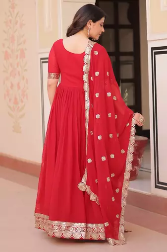Red georgette readymade anarkali suit with embroidery & zari work