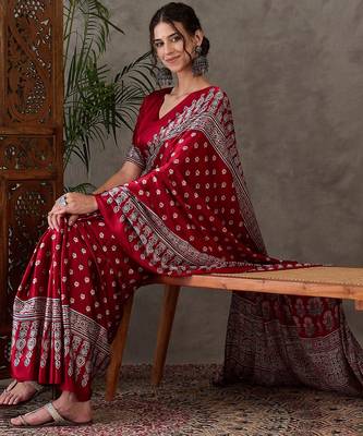 Red color Ready Pleated semi modal saree with unstitched designer blouse 3