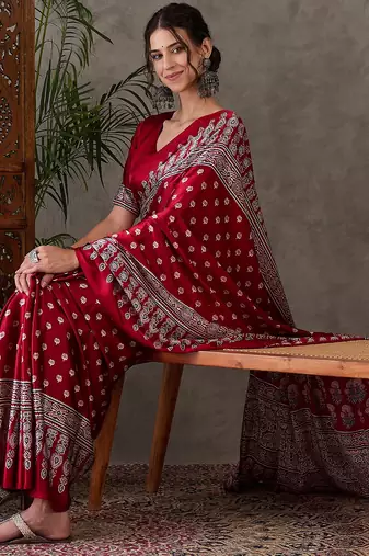 Red color Ready Pleated semi modal saree with unstitched designer blouse