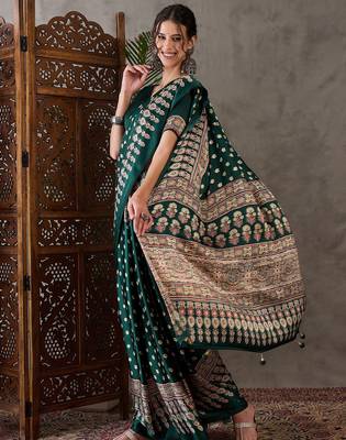 Green color Ready Pleated semi modal saree with unstitched designer blouse 2