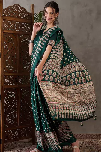 Green color Ready Pleated semi modal saree with unstitched designer blouse