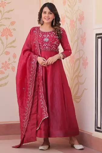 Red silk readymade anarkali suit with embroidery & beats work