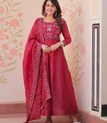 Red silk readymade anarkali suit with embroidery & beats work