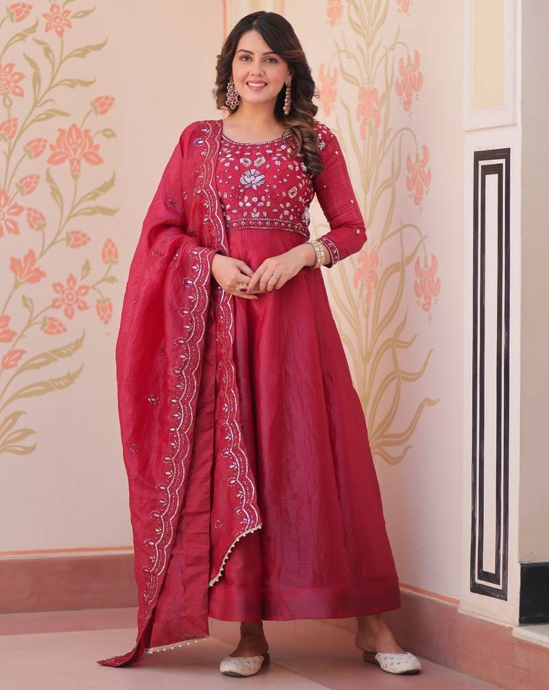 Red silk readymade anarkali suit with embroidery & beats work