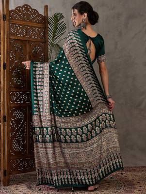 Green color Ready Pleated semi modal saree with unstitched designer blouse 3