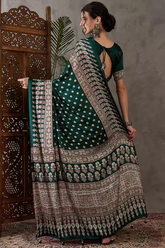 Green color Ready Pleated semi modal saree with unstitched designer blouse