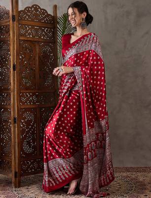 Red color Ready Pleated semi modal saree with unstitched designer blouse 5