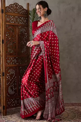 Red color Ready Pleated semi modal saree with unstitched designer blouse