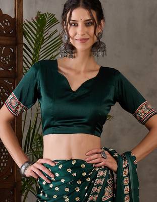 Green color Ready Pleated semi modal saree with unstitched designer blouse 4